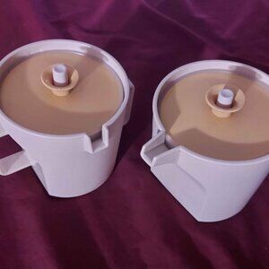 Both for $20 Vintage TUPPERWARE Creamer & Sugar Set almond with yellow lids 1414